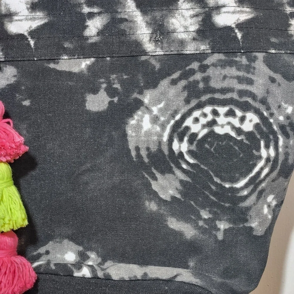Canvas Shoulder Tote Bag Spring Summer Boho Beach Vacation Tassels Black Tie Dye